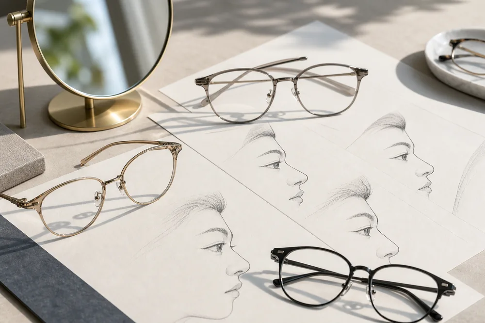 Gafas y bocetos de perfil para revisar puente bajo y ajuste de montura