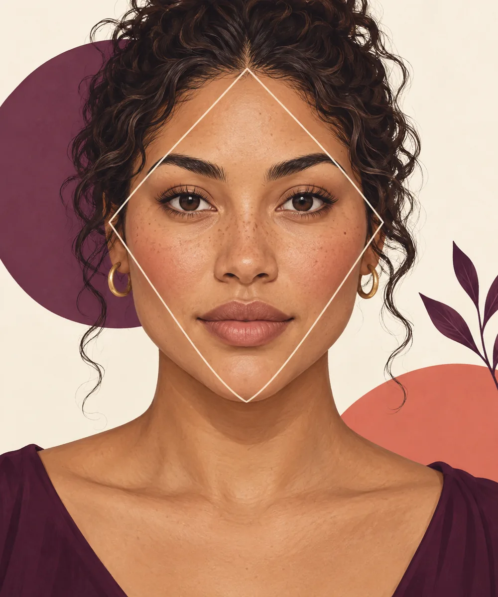 Portrait éditorial avec un contour géométrique montrant une forme de visage diamant plus large aux pommettes