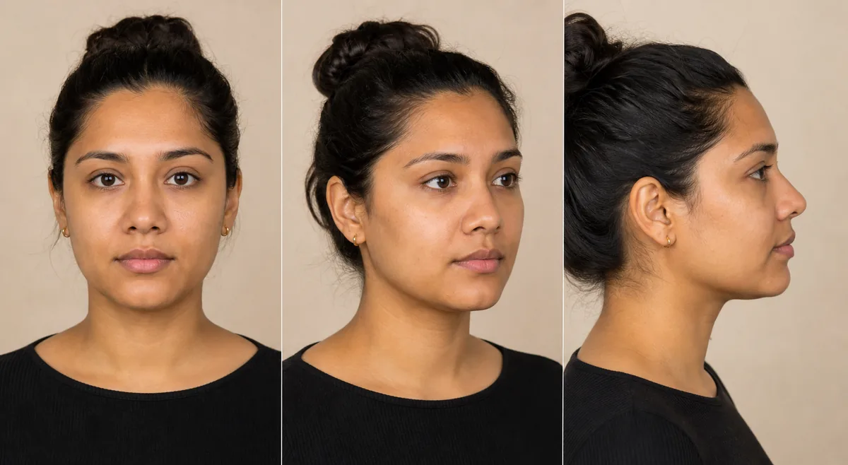 Une adulte vue de face, de trois quarts et de profil pour comparer la projection du pont nasal