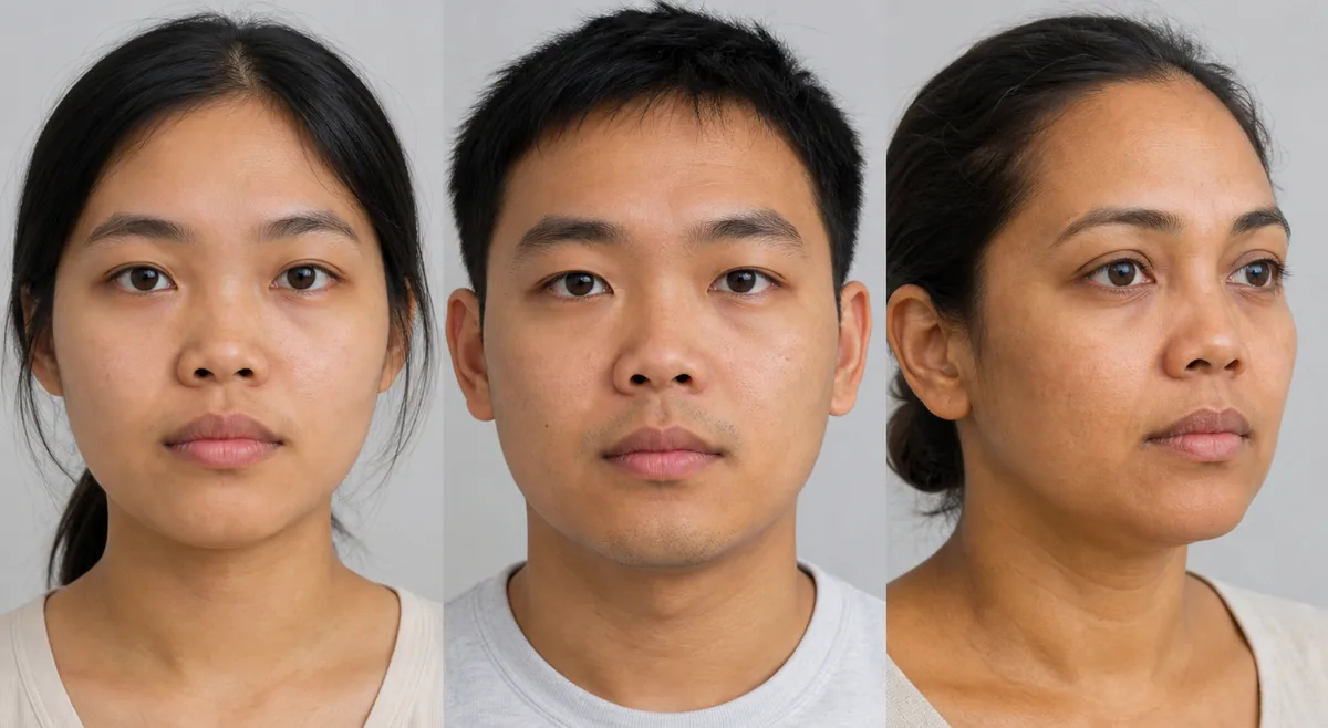 Trois adultes d'origines diverses présentant naturellement un pont nasal bas dans des portraits neutres