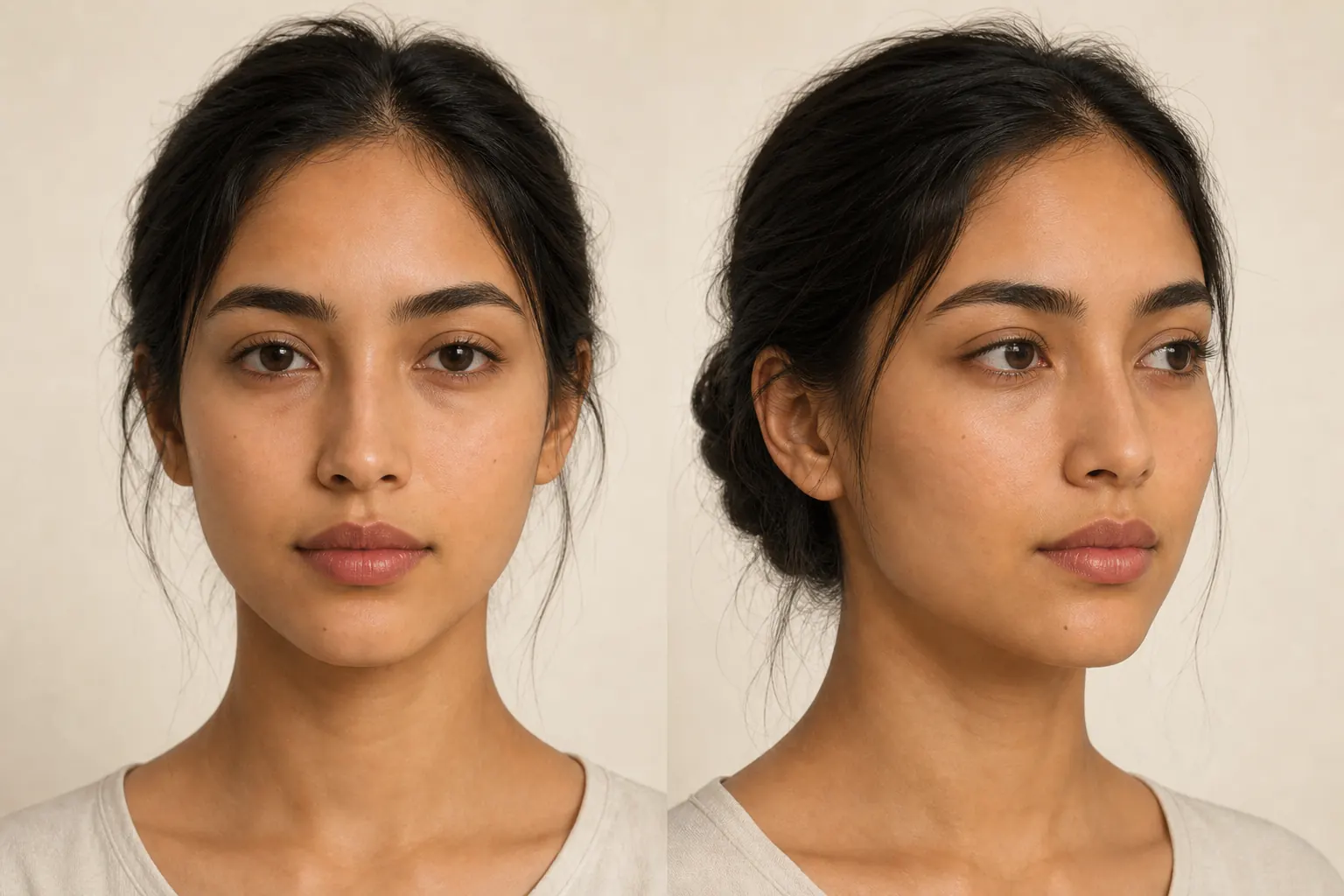 Editorial illustration of narrow nose width viewed from front and profile angles