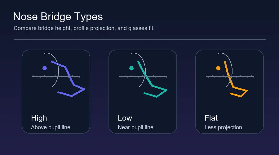 Clean diagram comparing high, low, and flat nose bridge types