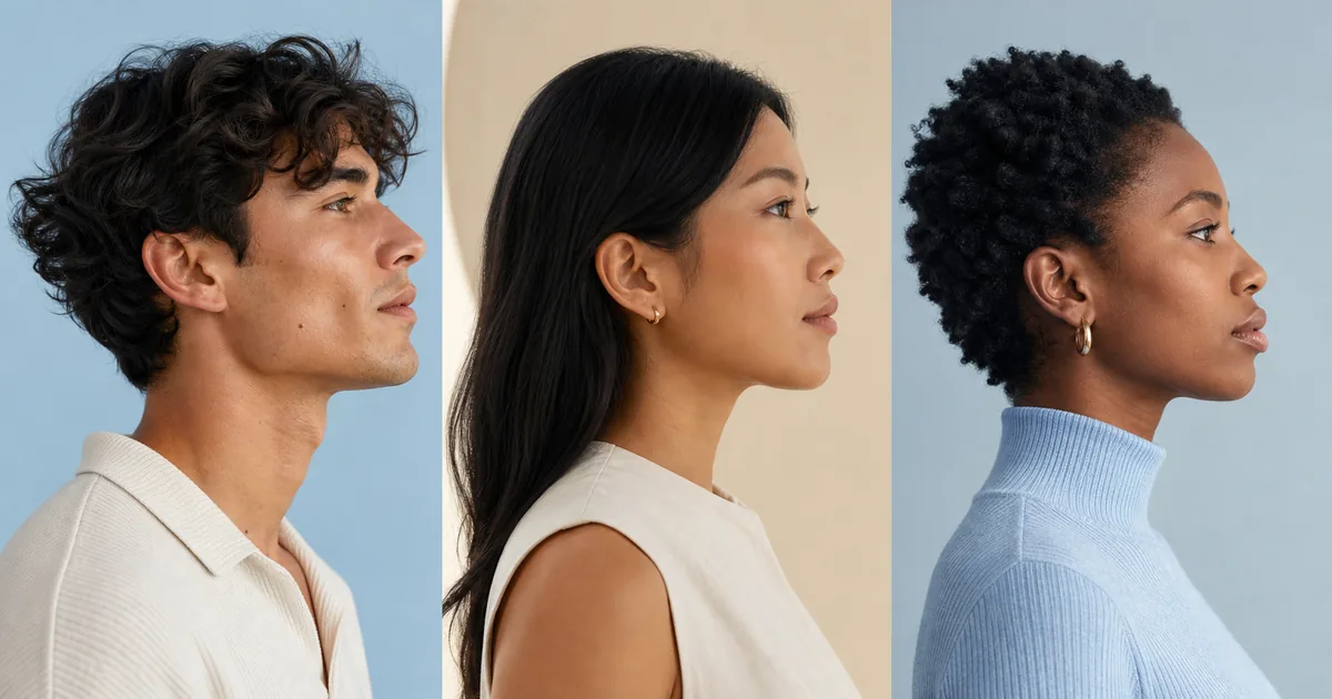 Tres adultos diversos de perfil con puentes nasales naturalmente rectos y puntas diferentes