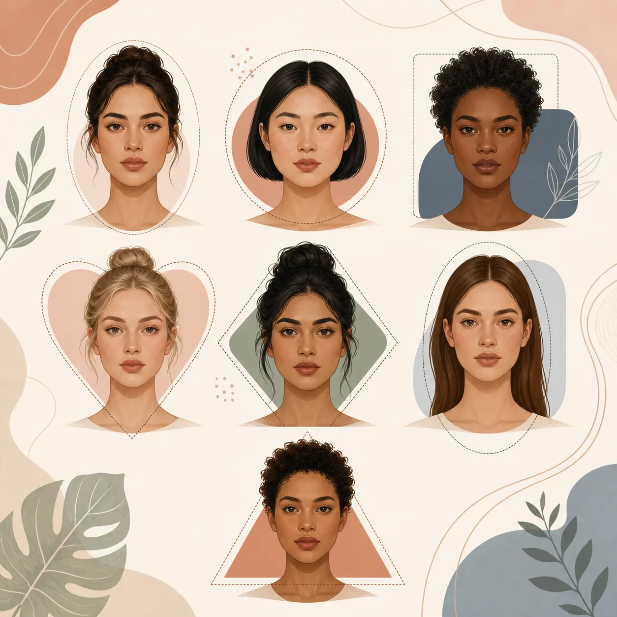 Sette ritratti illustrati con contorni diversi delle forme del viso