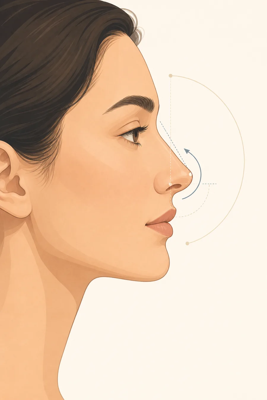 Ilustração de perfil mostrando ponta de nariz arrebitada e guia de ângulo